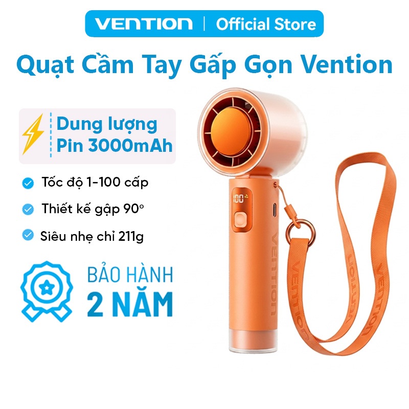 [Gió cực mạnh]Quạt Cầm Tay Vention 100 Cấp Độ Gió, Gập 90°, Pin 3000mAh 8H, LED Hiển Thị,Tặng kèm dây đeo