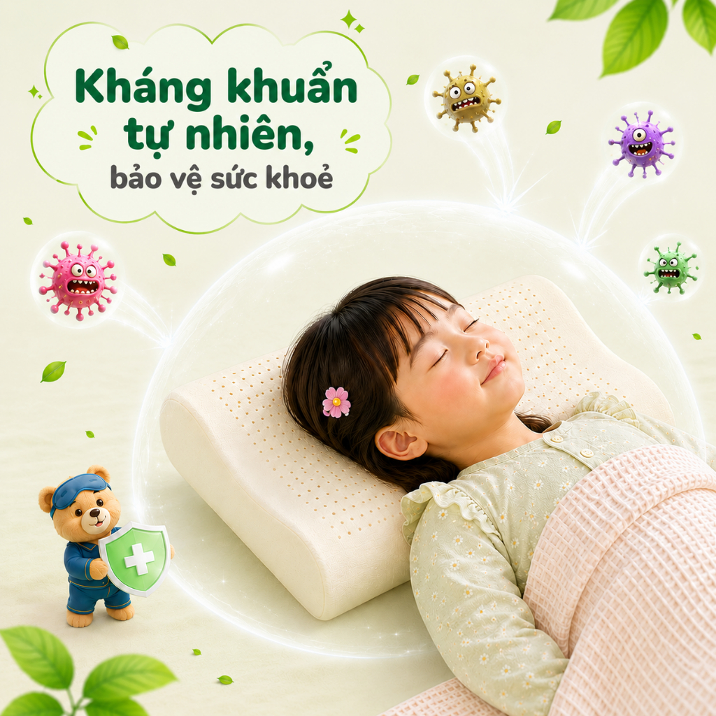 Gối cao su thiên nhiên công thái học Gummi Pudding cho em bé, định hình cổ vai gáy cho bé 26x43x6