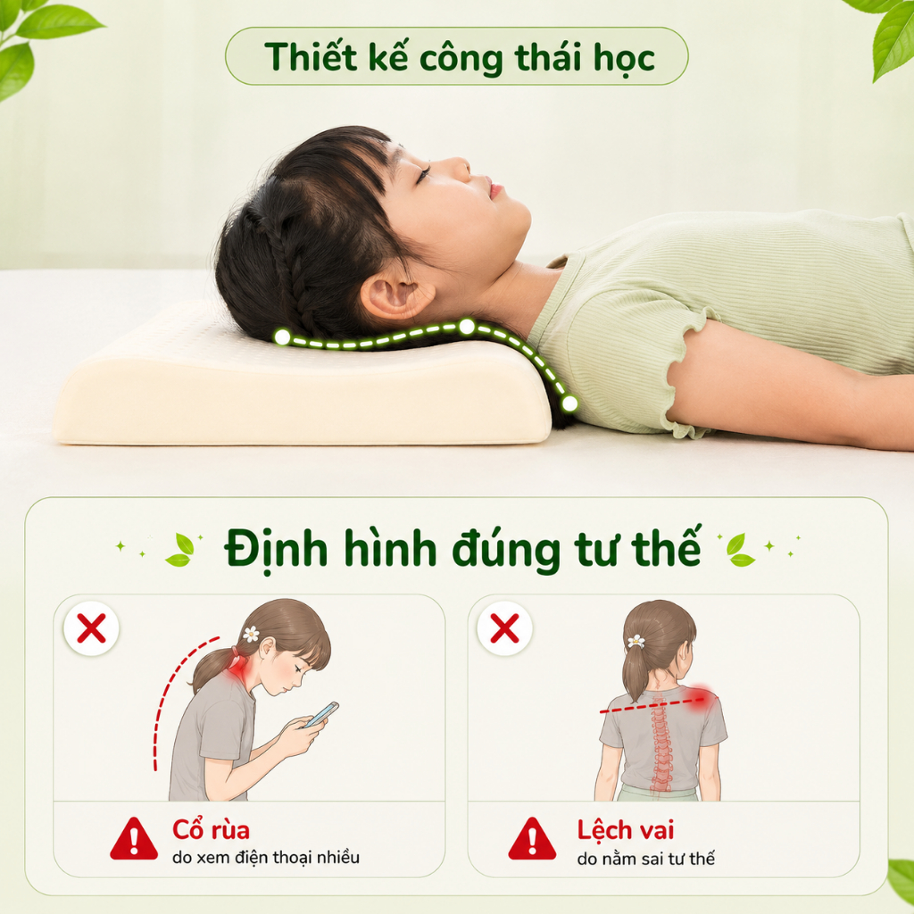 Gối cao su thiên nhiên công thái học Gummi Pudding cho em bé, định hình cổ vai gáy cho bé 26x43x6