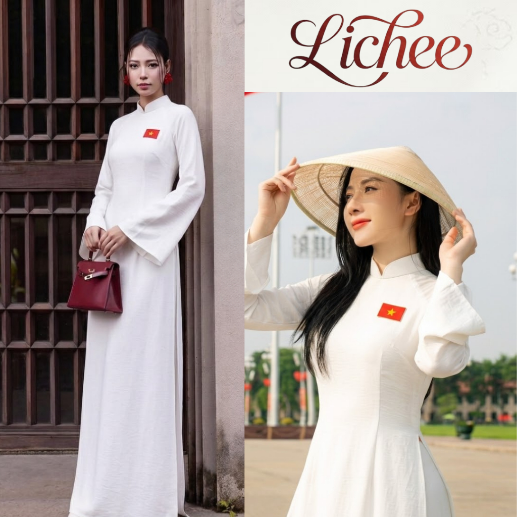 Áo Dài Truyền Thống Dáng Suông LICHEE Vải Lụa Gấm Vân Dáng Truyền Thống Tay Loe Dài Đính Kèm Lá Cờ Việt Nam