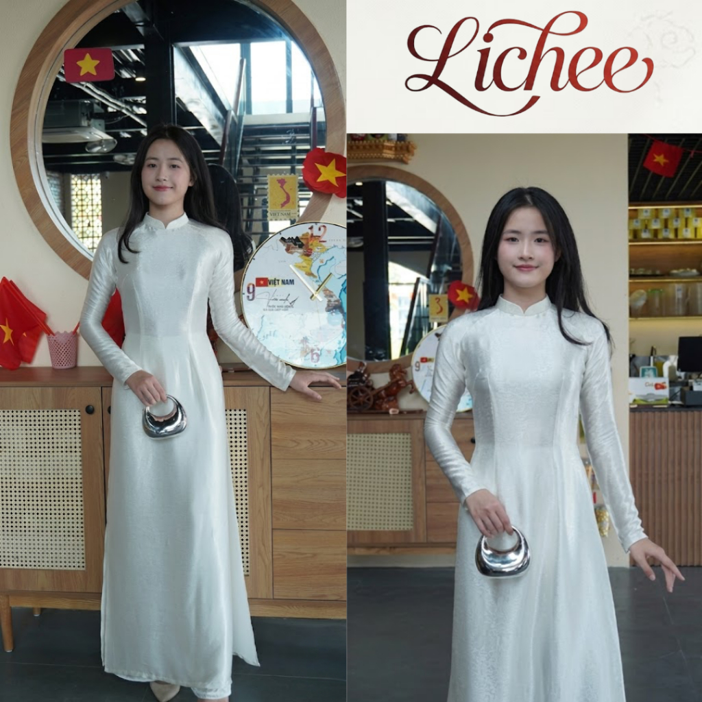Áo Dài Truyền Thống Dáng Suông LICHEE Chất Liệu Lụa Tằm Titan Vân Gãy Sang Trọng Tôn Dáng Cổ 2,5 Tay Ôm