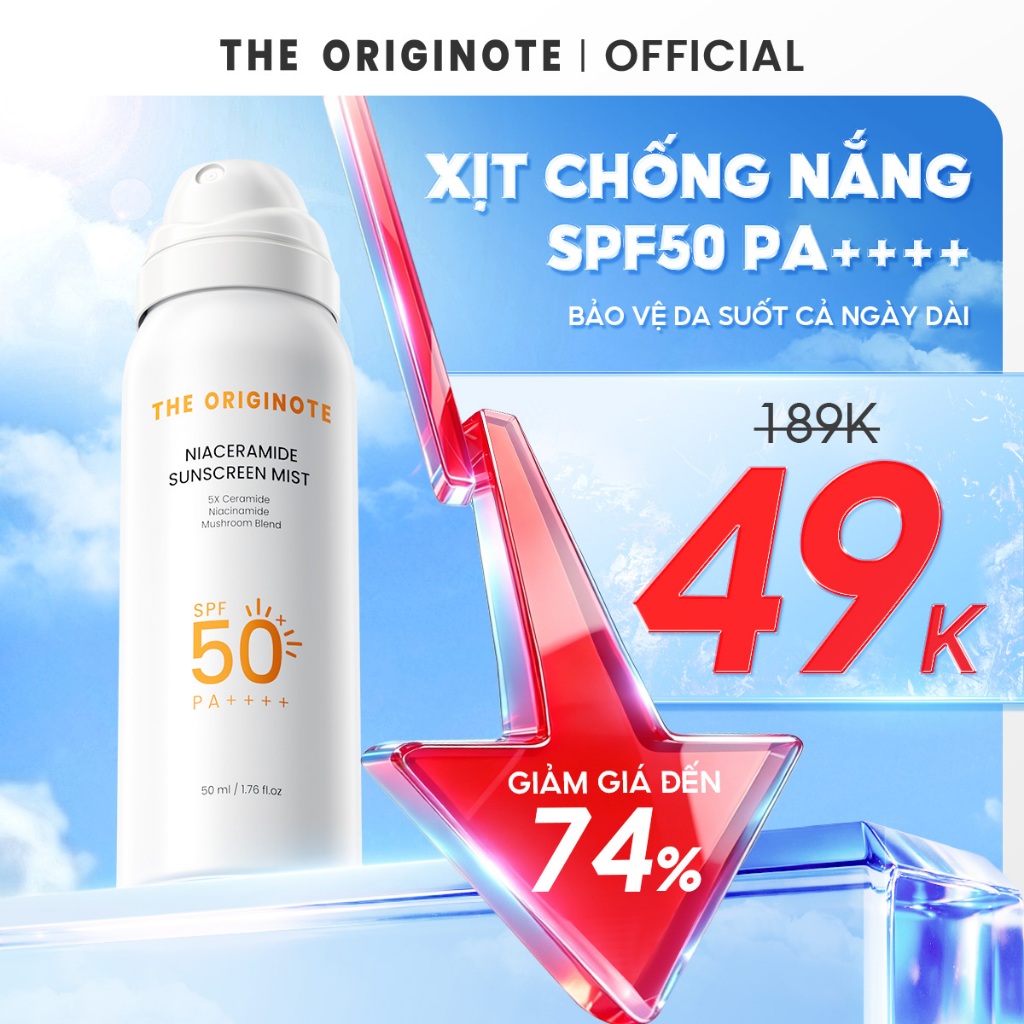 Xịt chống nắng SPF50 PA++++ The Originote chống nắng body trắng da với Niacinamide Sunscreen Mist