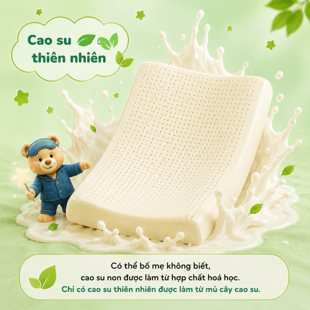 Gối cao su thiên nhiên công thái học Gummi Pudding cho em bé, định hình cổ vai gáy cho bé 26x43x6