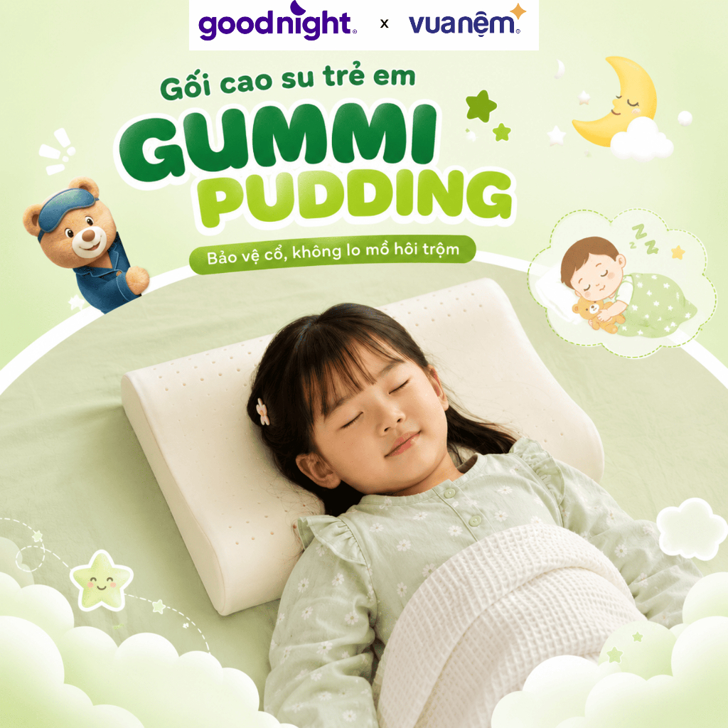 Gối cao su thiên nhiên công thái học Gummi Pudding cho em bé, định hình cổ vai gáy cho bé 26x43x6