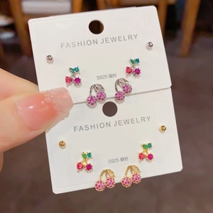 V.I.T Accessories | Set bông tai cherry hồng đính đá 6 chiếc (2 màu)