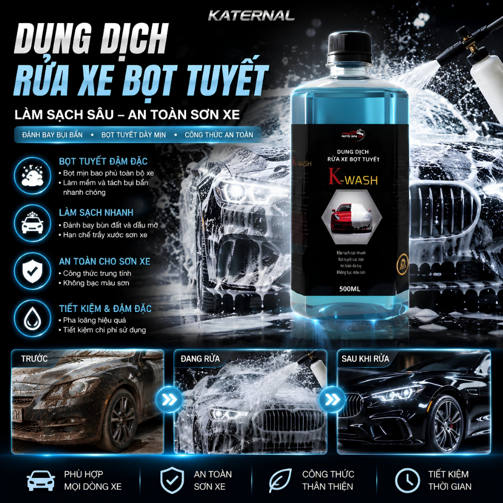Combo Bình Phun Bọt Tuyết Áp Suất 2L + Dung Dịch Rửa Xe K-WASH 500ml | Rửa Xe Ô Tô Xe Máy, Tạo Bọt Mịn, Bóng Sơn