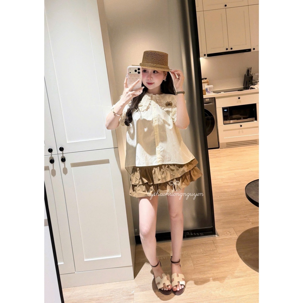 Sét bộ nữ váy dáng xòe mix với áo sơ mi cổ bèo xinh đẹp tiểu thư
