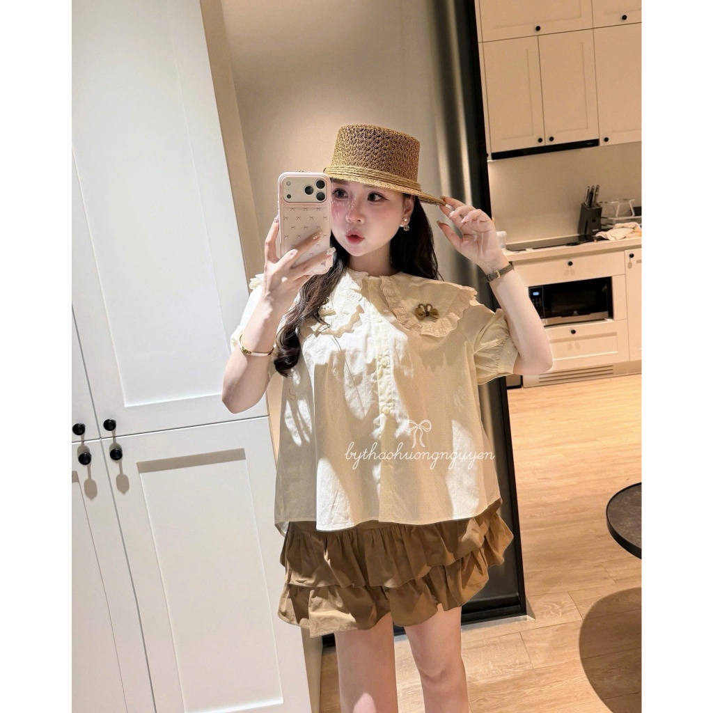 Sét bộ nữ váy dáng xòe mix với áo sơ mi cổ bèo xinh đẹp tiểu thư
