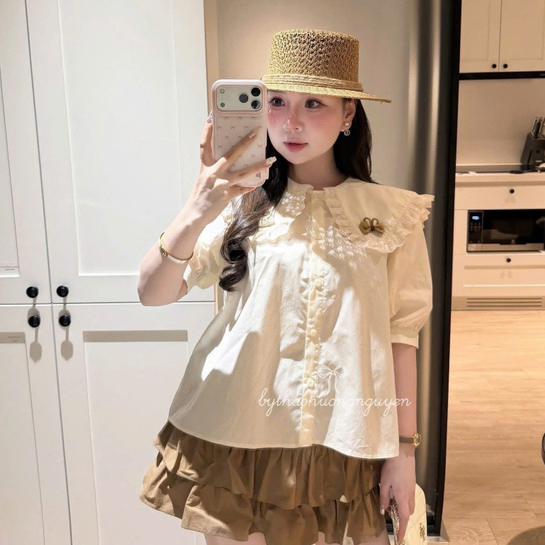 Sét bộ nữ váy dáng xòe mix với áo sơ mi cổ bèo xinh đẹp tiểu thư