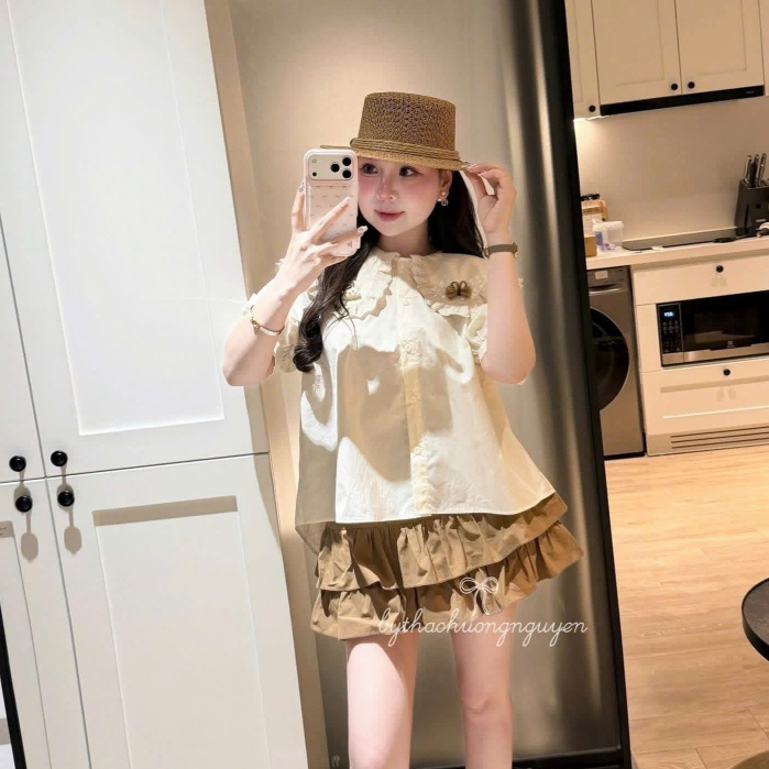 Sét bộ nữ váy dáng xòe mix với áo sơ mi cổ bèo xinh đẹp tiểu thư