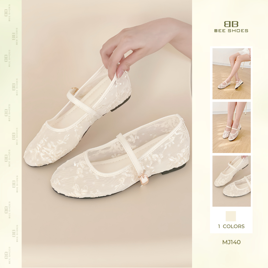 Giày mary jane nữ BEESHOES ren lưới thêu hoa, mũi tròn đế vuông cao 3 phân sẵn màu kem MJ140 (Form 1.5)