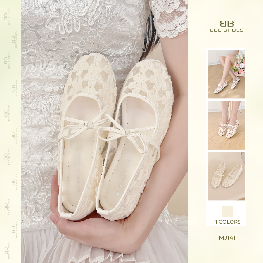 Giày mary jane nữ BEESHOES lưới thêu hoa, mũi tròn đế vuông cao 3 phân sẵn màu kem MJ141 (Form 1.5)