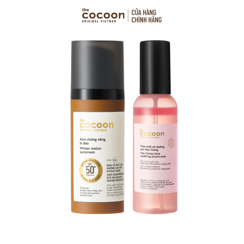 [MUA 2 GIẢM 41%] COMBO Kem chống nắng bí đao 50ml & Tinh chất xịt dưỡng sen Hậu Giang Cocoon 100ml