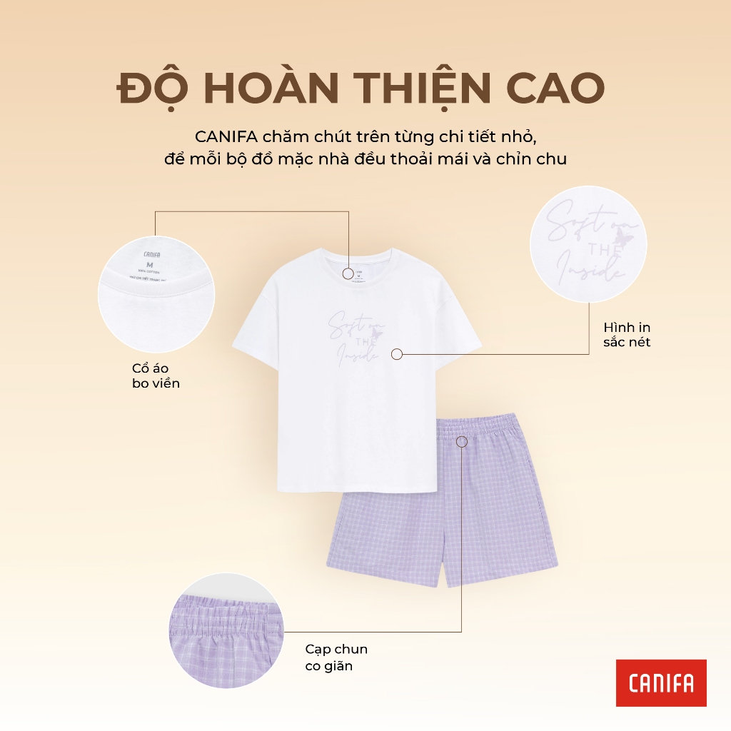 Bộ quần áo nữ CANIFA bộ hè cộc tay chất cotton quần short kẻ caro 6LS26S006