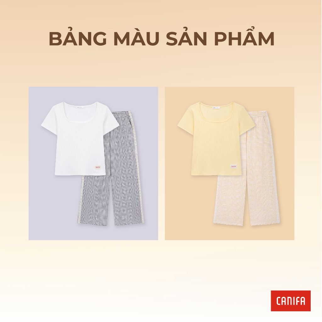 Bộ quần áo mặc nhà nữ CANIFA quần dài ống rộng áo ngắn tay cổ vuông 6LS26S008