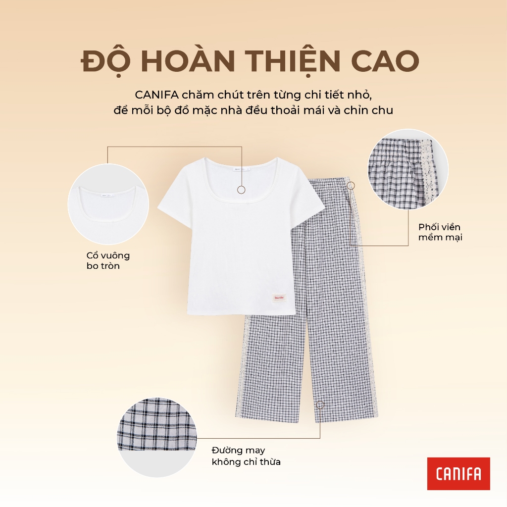 Bộ quần áo mặc nhà nữ CANIFA quần dài ống rộng áo ngắn tay cổ vuông 6LS26S008