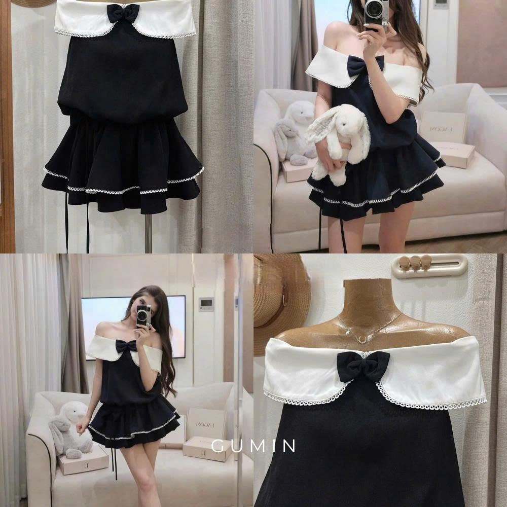 Jum trễ vai đính nơ GUMIN thiết kế hở vai đính nơ ngực dáng chun eo chân váy xoè nhẹ tiểu thư sang chảnh thanh lịch