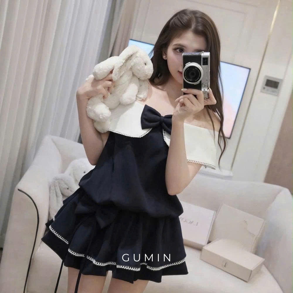 Jum trễ vai đính nơ GUMIN thiết kế hở vai đính nơ ngực dáng chun eo chân váy xoè nhẹ tiểu thư sang chảnh thanh lịch