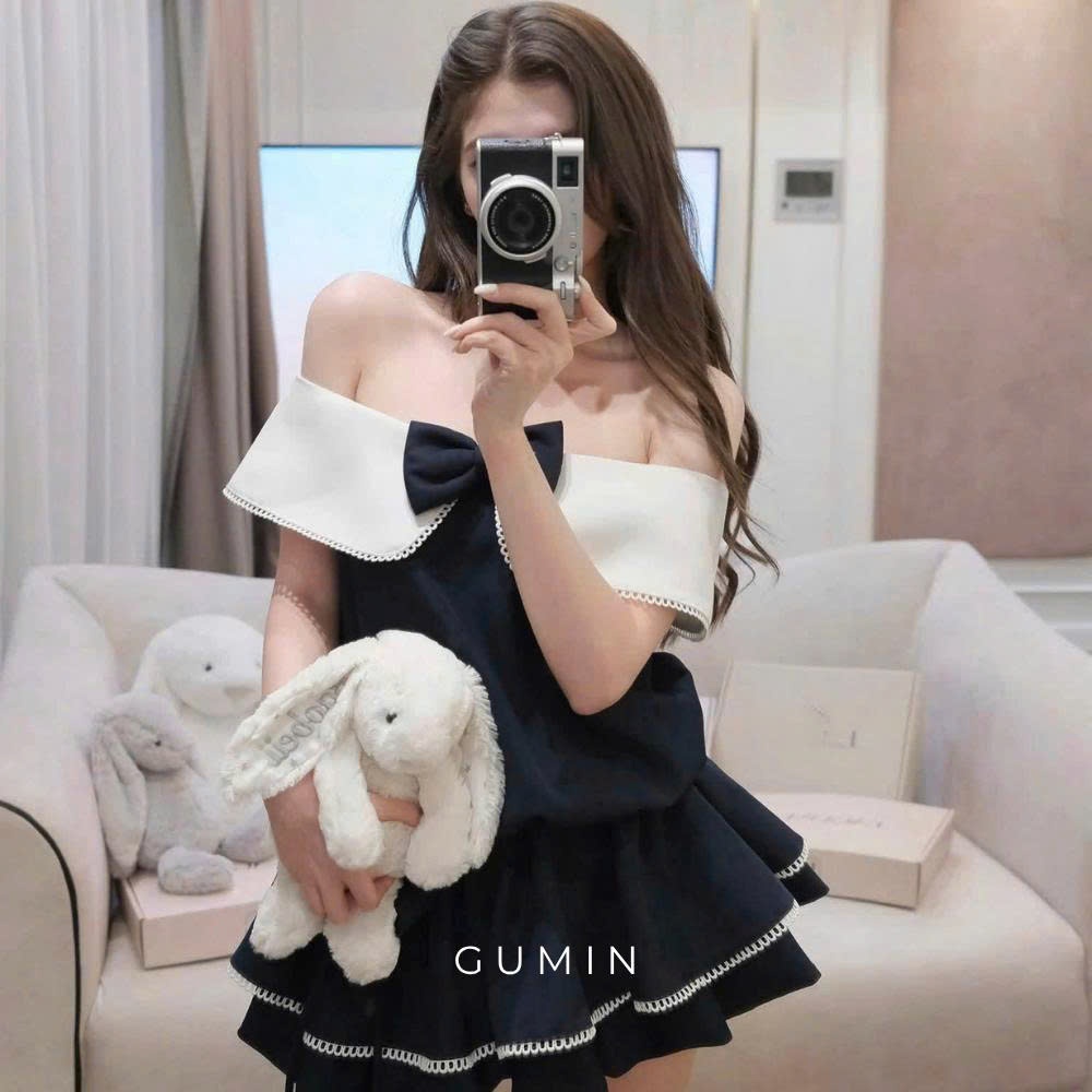Jum trễ vai đính nơ GUMIN thiết kế hở vai đính nơ ngực dáng chun eo chân váy xoè nhẹ tiểu thư sang chảnh thanh lịch