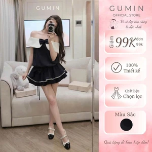 Jum trễ vai đính nơ GUMIN thiết kế hở vai đính nơ ngực dáng chun eo chân váy xoè nhẹ tiểu thư sang chảnh thanh lịch