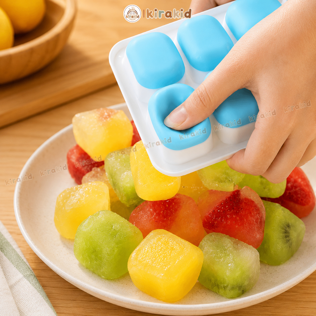 Khay Đá Trữ Đông Đồ Ăn Dặm Cho Bé 14 Ô, Khuôn Làm Đá Có Nắp Đậy Đáy Silicon Dễ Tách