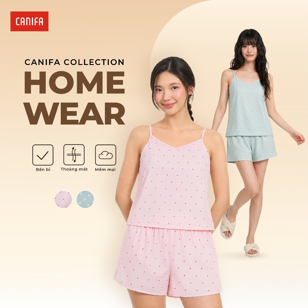 Bộ pyjama nữ CANIFA bộ hè áo hai dây quần short họa tiết chấm bi 6LS26S012