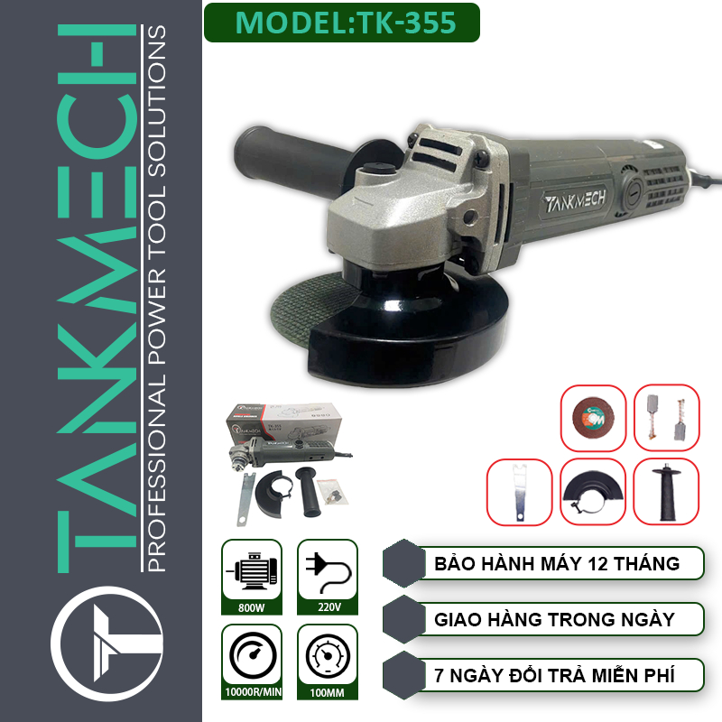 Máy Mài Góc TANKMECH TK-355 (800W-220V) Máy Cắt Cầm Tay Lõi Đồng 100%, Cắt Mài Đa Năng Chính Hãng, Bảo Hành 12 Tháng