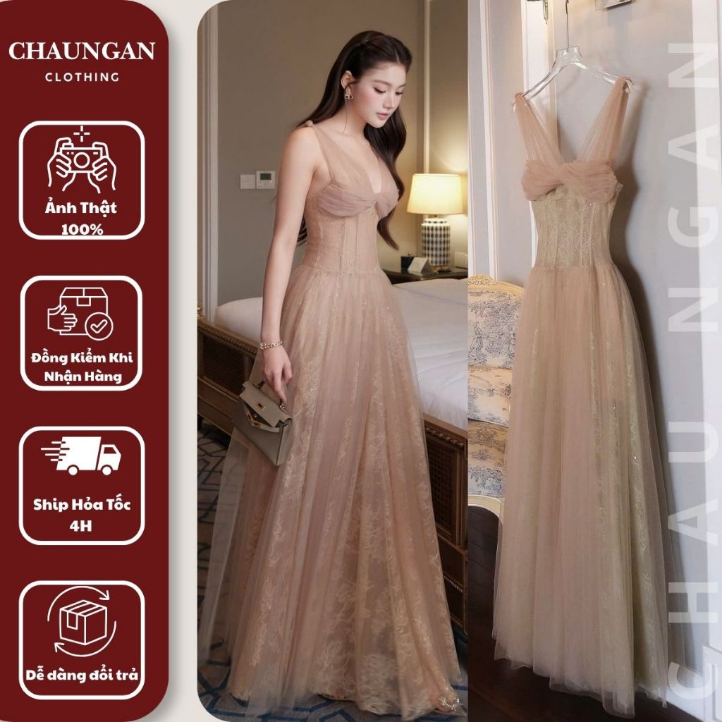 Đầm Dạ Hội Lưới Ren Dáng Xòe Thiết Kế Cúp Ngực Phối Tơ - Váy Maxi Hai Dây Bản To Corset Tôn Dáng