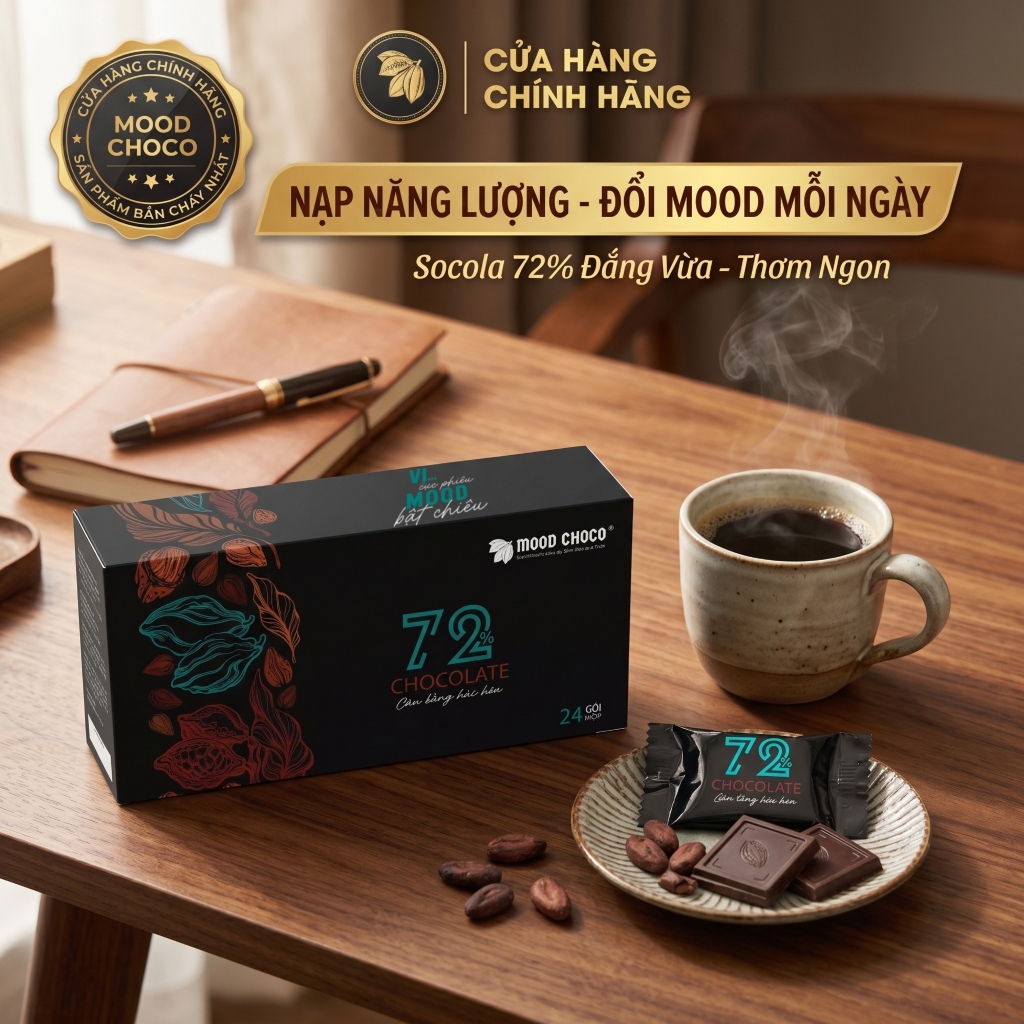 Socola Đen 72% Cacao MOOD CHOCO Nguyên Chất Vị Ngọt Vừa Êm Dịu Thơm Ngon Hộp 120 gram