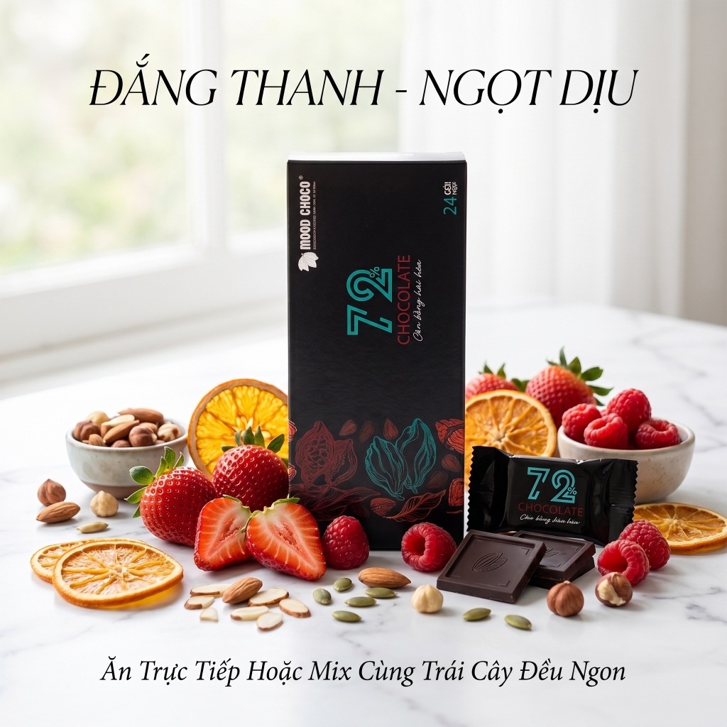 Socola Đen 72% Cacao MOOD CHOCO Nguyên Chất Vị Ngọt Vừa Êm Dịu Thơm Ngon Hộp 120 gram