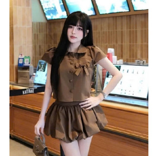 Sét 2 Món - Sét Áo Sơ Mi Cổ Sen Phối Chân váy Bí Xòe Siêu Xinh Cho Mùa Hè Nữ