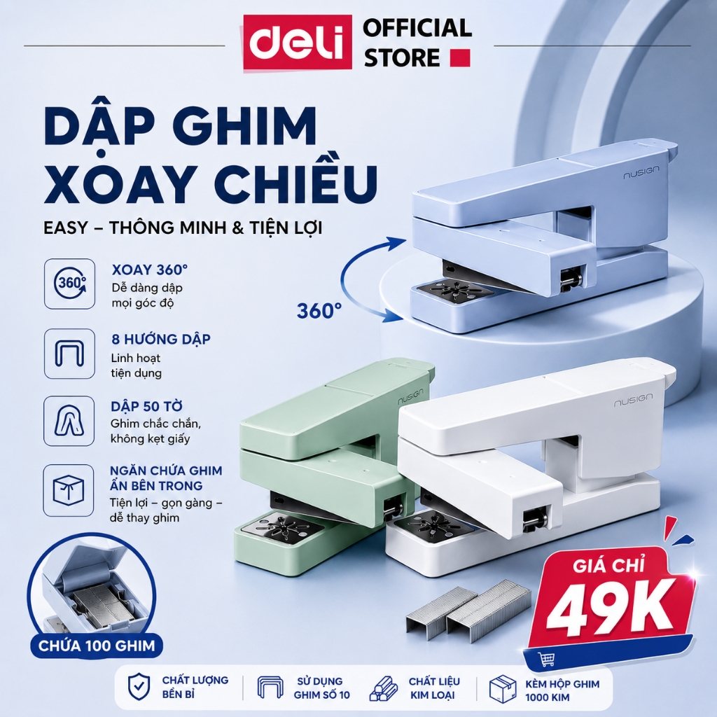 [🔥XOAY CHIỀU] Dập Ghim Xoay Chiều Deli Nusign Ghim 50 Trang Kèm Gỡ Ghim Đế Chống Trượt Chất Liệu Cao Cấp