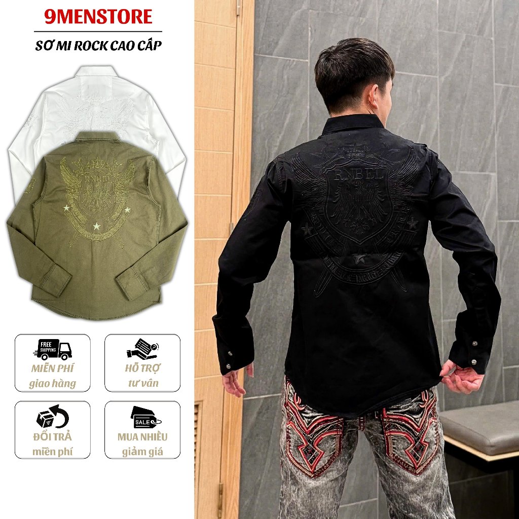 Sơ Mi Rock Classic Cao Cấp Thêu Họa Tiết Đại Bàng Chỉ Ẩn,Vải Kaki Tôn Dáng, Cúc Kim Loại Đẳng Cấp 62