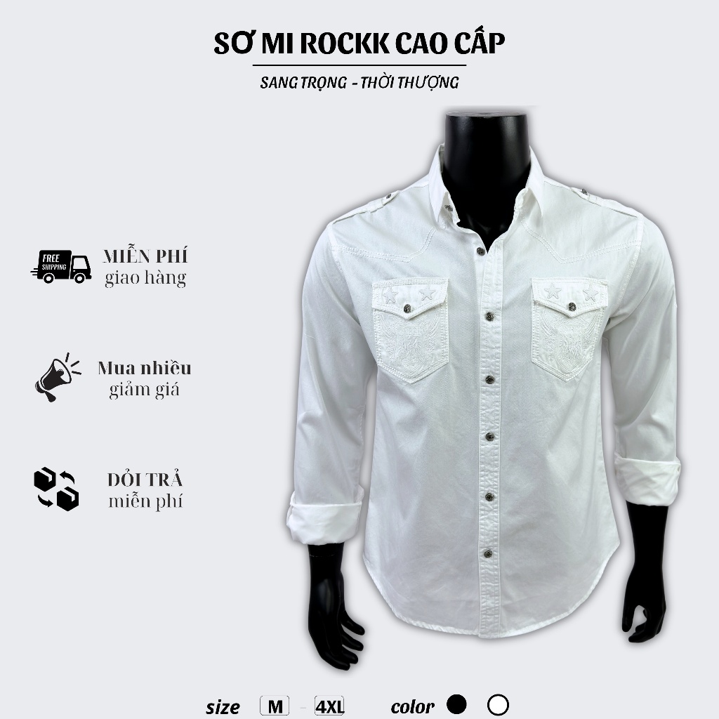 Sơ Mi Rock Classic Cao Cấp Thêu Họa Tiết Đại Bàng Chỉ Ẩn,Vải Kaki Tôn Dáng, Cúc Kim Loại Đẳng Cấp 62