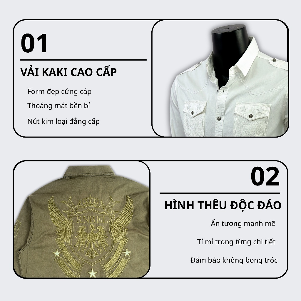 Sơ Mi Rock Classic Cao Cấp Thêu Họa Tiết Đại Bàng Chỉ Ẩn,Vải Kaki Tôn Dáng, Cúc Kim Loại Đẳng Cấp 62