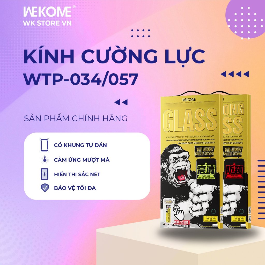 [CHÍNH HÃNG] Kính Cường Lực Iphone WK, Cường Lực Khung Tự Dán 034/057 Cho iPhone 11–17 ProMax