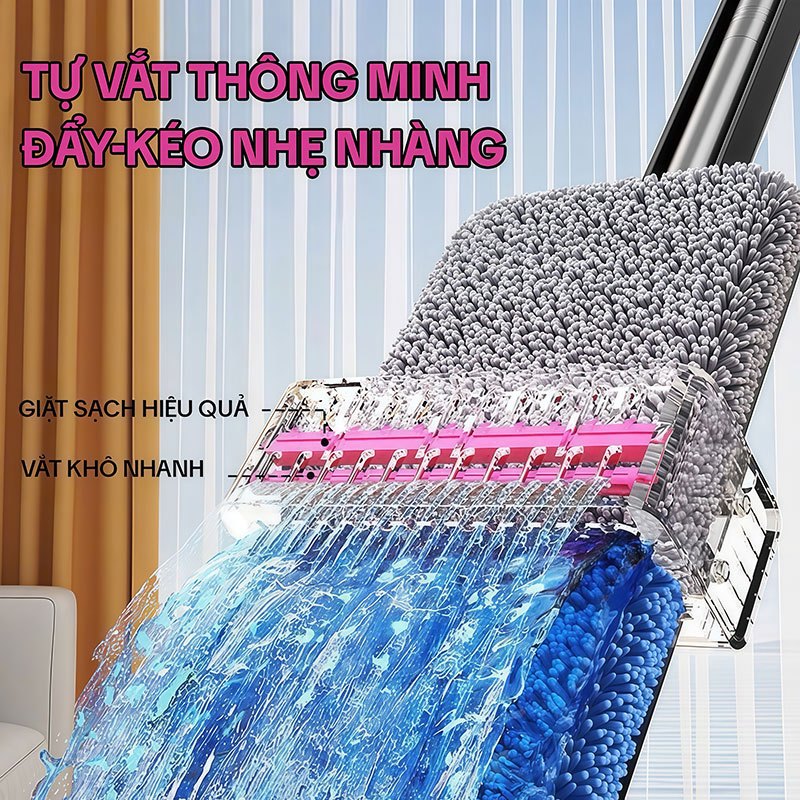 Cây Lau Nhà Tự Vắt KITIMOP KTM-45 PRO, Chổi Lau Nhà Tự Vắt Thông Minh Xoay 360 Độ, 2 Bông Lau