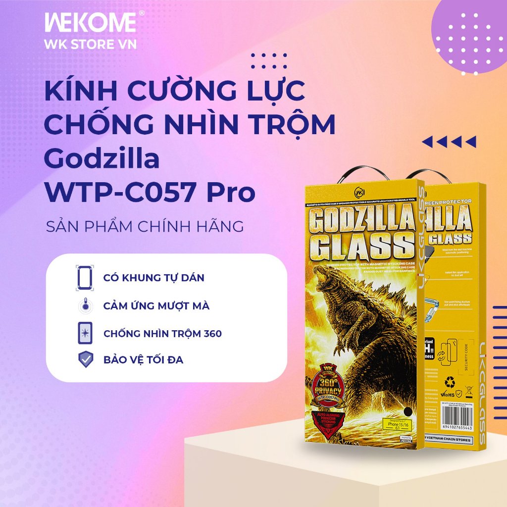 [Mua 2 Tặng 1] Kính Cường Lực Khung Tự Dán WK GODZILLA C057 Chống Nhìn Trộm 180/360 Hạn chế vân tay cho iPhone