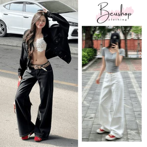 Quần Kaki Nữ Đen Trơn Suông Ống Đứng 20-25CM Quần Jean Nữ BASIC Ôm Eo Form Suông Rộng Phủ Giày MIAA