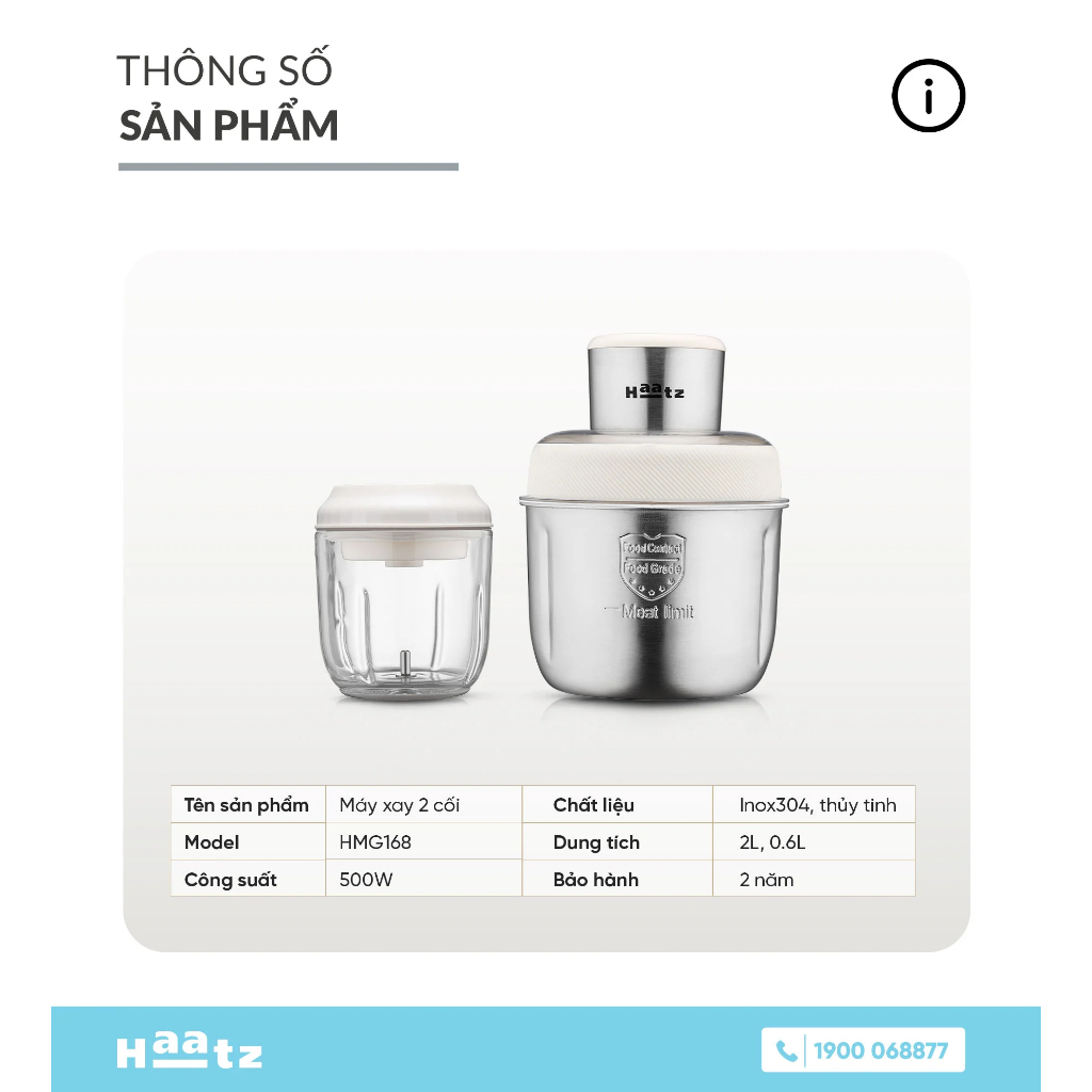 Máy Xay Thịt Đa Năng Haatz HMG168 500W 2 Cối Inox Và Thủy Tinh Xay Nhanh Tặng Bộ Đánh Ruốc