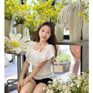 (Hàng mới về) Áo Ren Trễ Vai Kiểu Nữ Phối Nơ, From Ôm Siêu Tôn Dáng Chất Ren Mền -M01