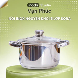 Nồi Inox Nguyên Khối 5 Lớp Sora 20cm Inochi Studio – Inox 304, Không Phủ Chống Dính, Dùng Bếp Từ