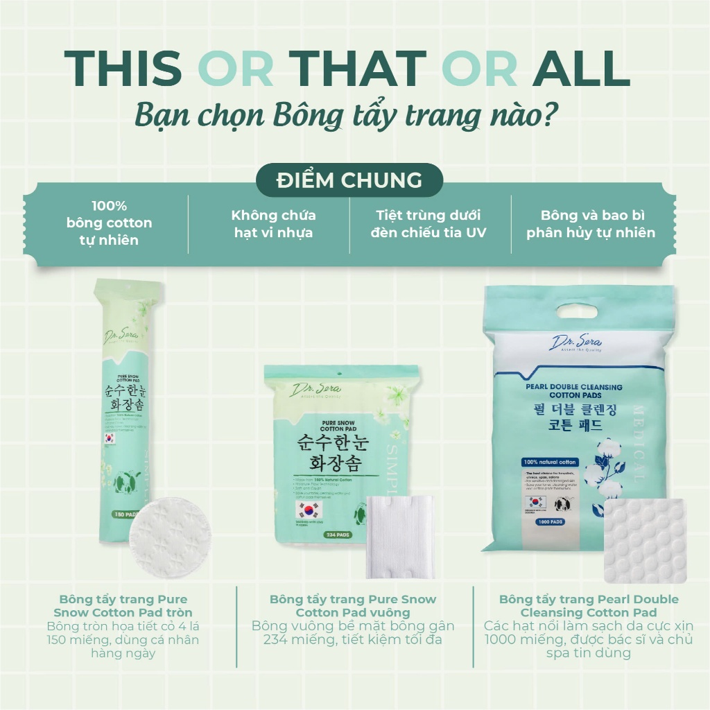 1000 miếng Bông tẩy trang dạng vuông cotton tiệt trùng UV lành tính cho da DR.SERA PURE SNOW COTTON PAD
