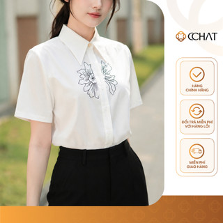 Áo Sơ Mi Nữ 𝐂𝐂𝐇𝐀𝐓 Dáng Suông Thêu Hoa Dọc Nẹp Chất Liệu Thô Bamboo Cao Cấp 16FNT9098ST