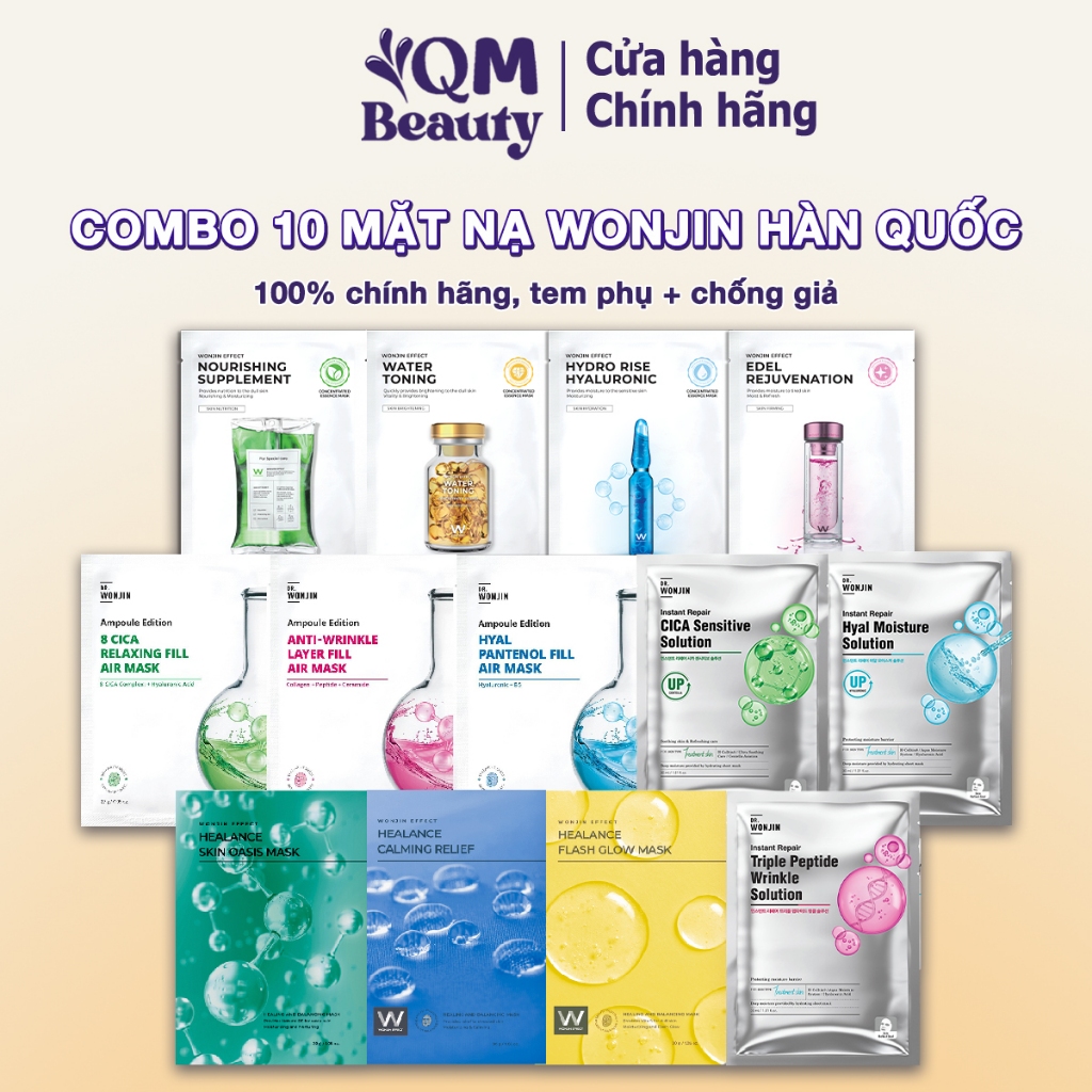 Combo 10 mặt nạ Wonjin Mask Hàn Quốc dưỡng da cấp ẩm, dưỡng trắng, phục hồi da chuyên sâu chính hãng