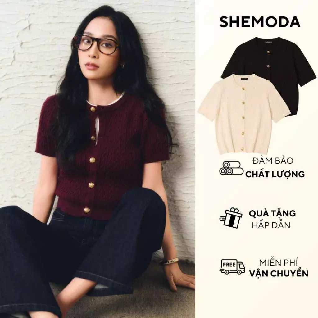 Áo Cardigan Nữ Dệt Kim SHEMODA Rope Cardigan Chất Liệu Mềm Mại, Áo Cộc Tay Nữ Sang Trọng Tôn Dáng