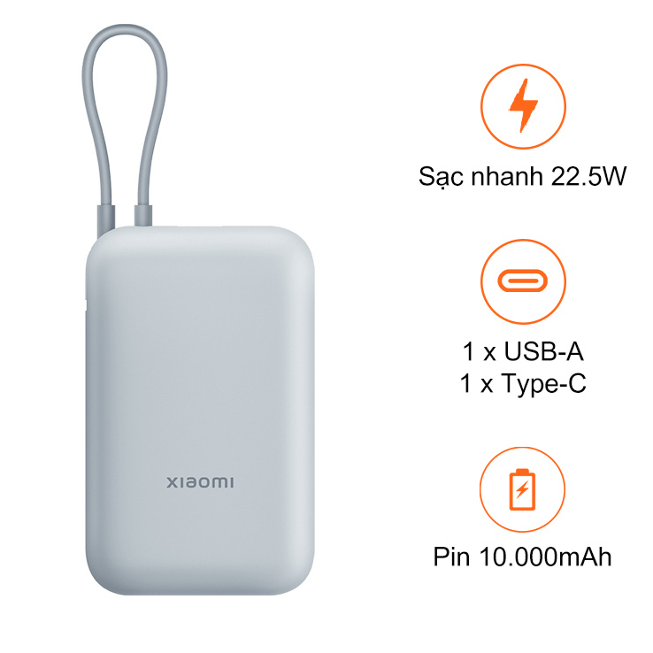 [HÀNG-MKT] Pin Sạc Dự Phòng Xiaomi Power Bank 10000mAh (Integrated Cable) - Xanh (BHR9103TH)