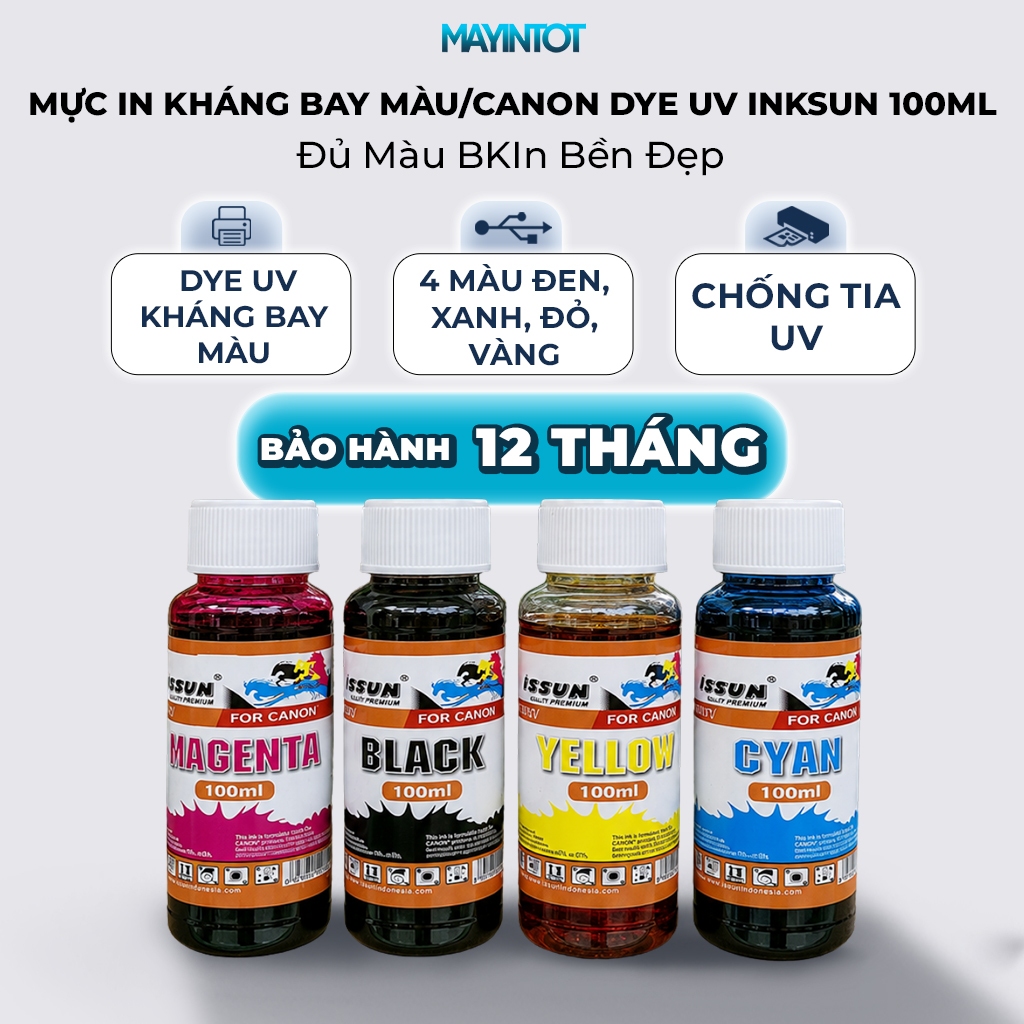 Mực in kháng bay màu/Canon Dye UV Inksun 100ml đủ màu BK in bền đẹp – Máy In Tốt