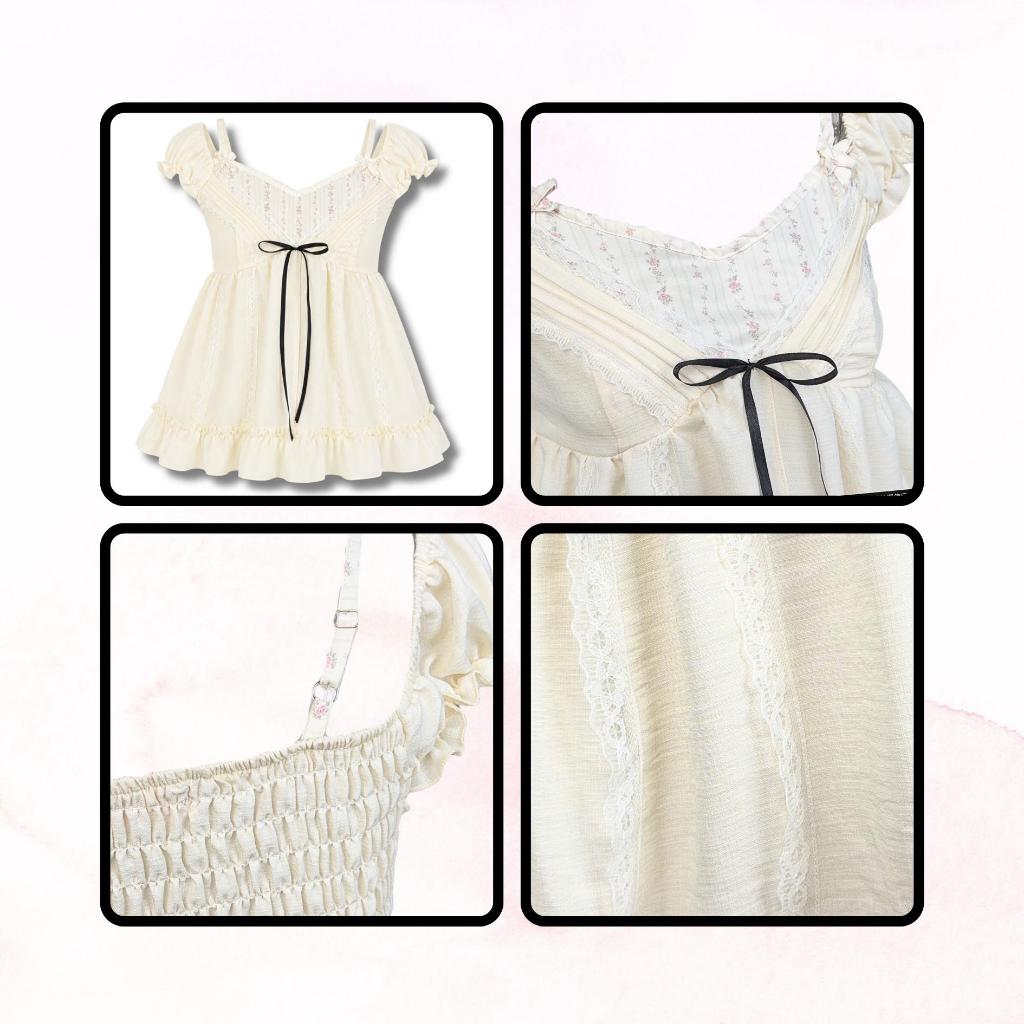 [FREESIZE 40-60kg] Áo Babydoll cổ V phối yếm dáng xoè GUMIE tay bí phồng mùa hè - A26GM