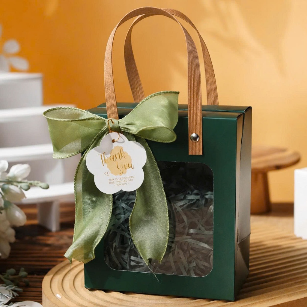 Set 25 Hộp Đựng Quà Sinh Nhật Cửa Sổ Mica Màu Xanh Lá Cây Có Quai Xách Chắc Chắn
